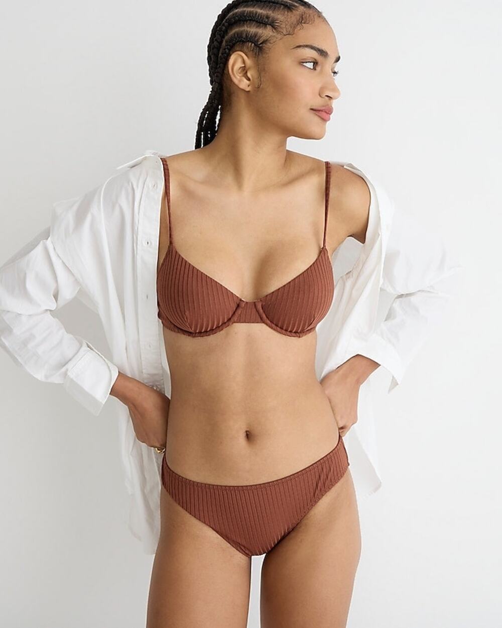 New J. Crew Brown Wide Ribbed Hipster Bikini Swim Bathing Suit Bottom Size XXS